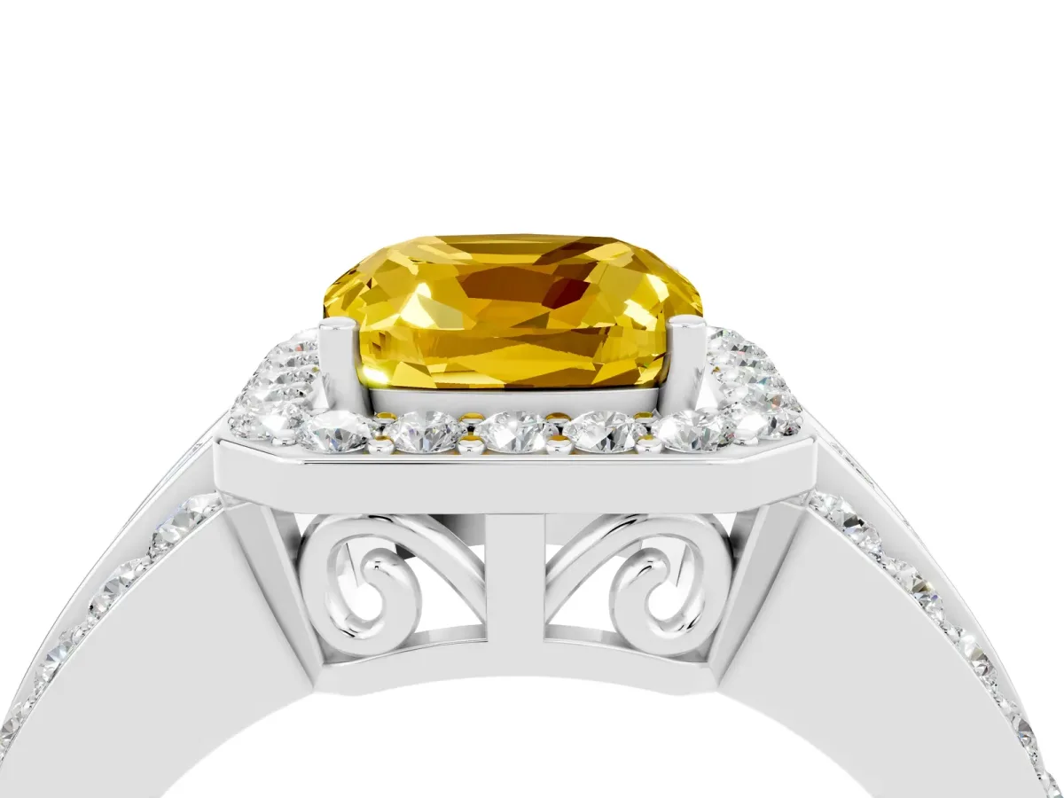 Cushion Cut Halo Yellow Sapphire Ring with Round Split Shank and Prong Setting Silver