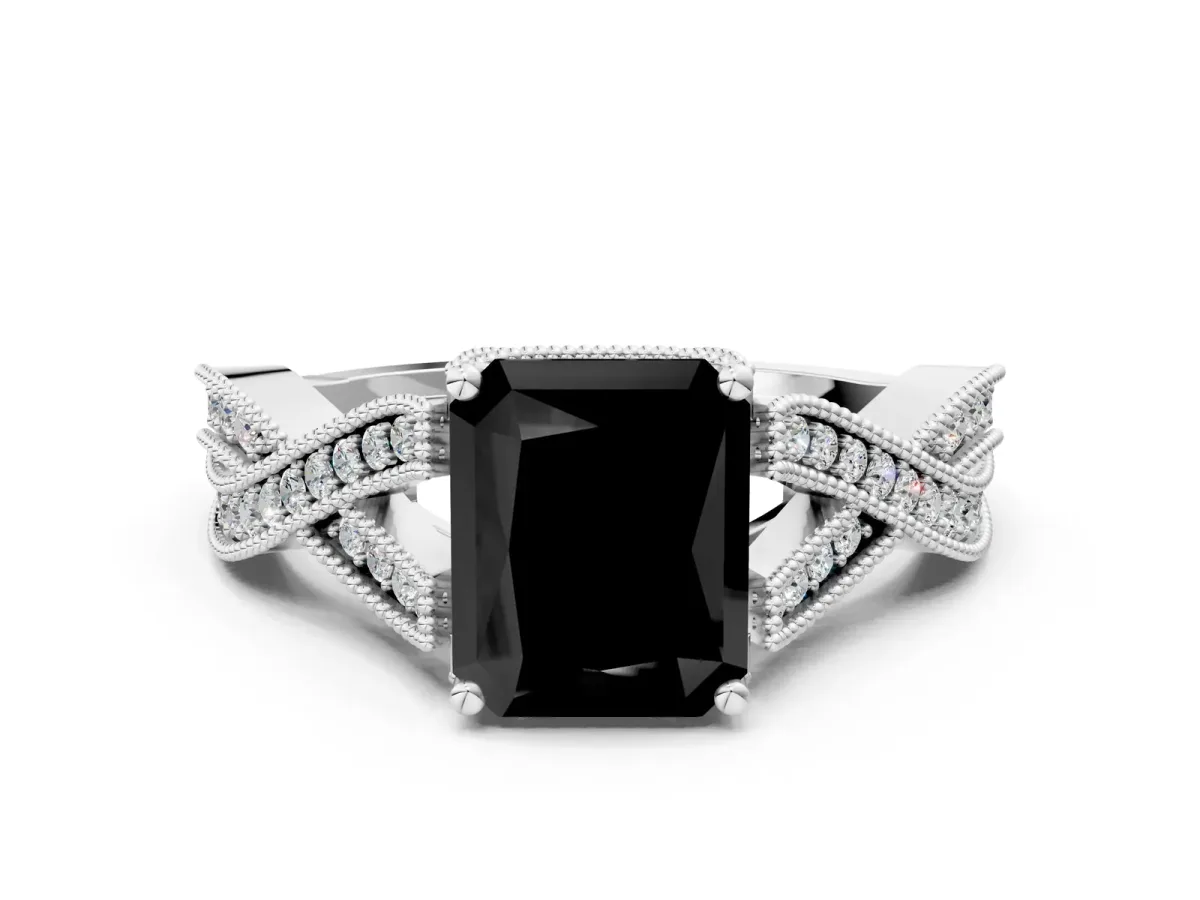 Fancy Black Radiant Cut Cut Diamond Twisted Band with Milgrain Pave Setting and Four-Prong Setting Platinum