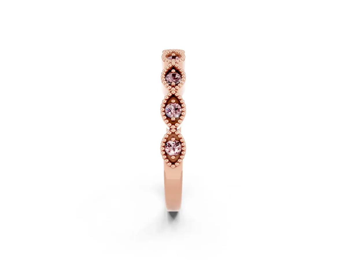 Milgrain Marquise Morganite Half Eternity Band with Bezel Setting Rose gold