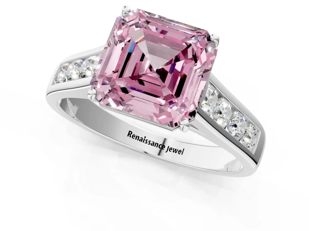 Fancy Pink Asscher Cut Brilliant Channel-Set Solitaire Ring with Four-Prong Setting Platinum