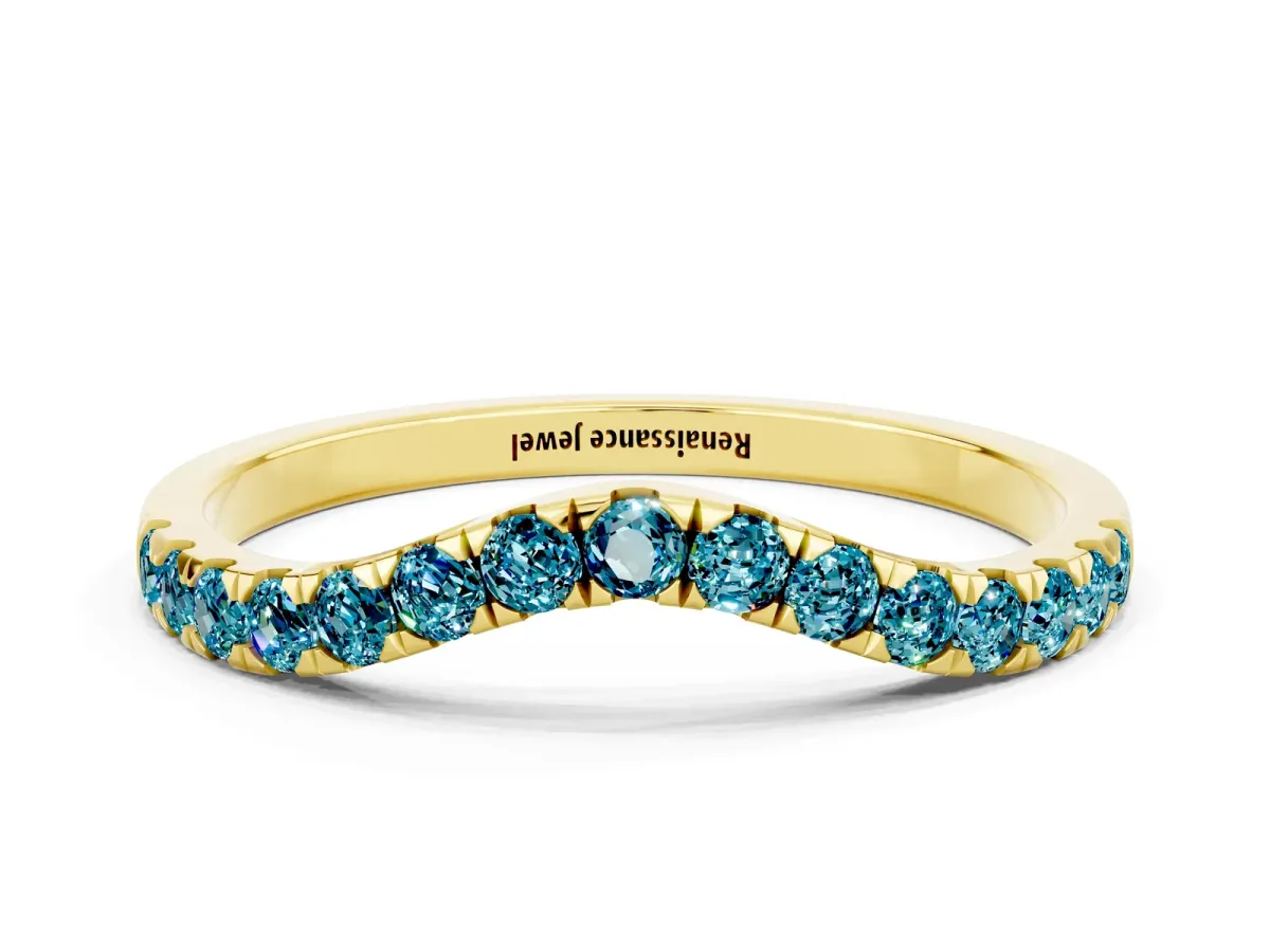 Curved Pavé Round Blue Topaz Wedding Band with Shared Prong Setting Yellow gold