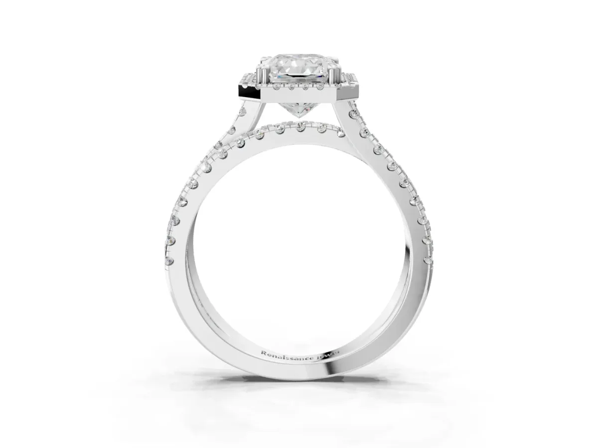 Radiant Cut Halo Split Shank Diamond Ring with Pavé Setting Platinum