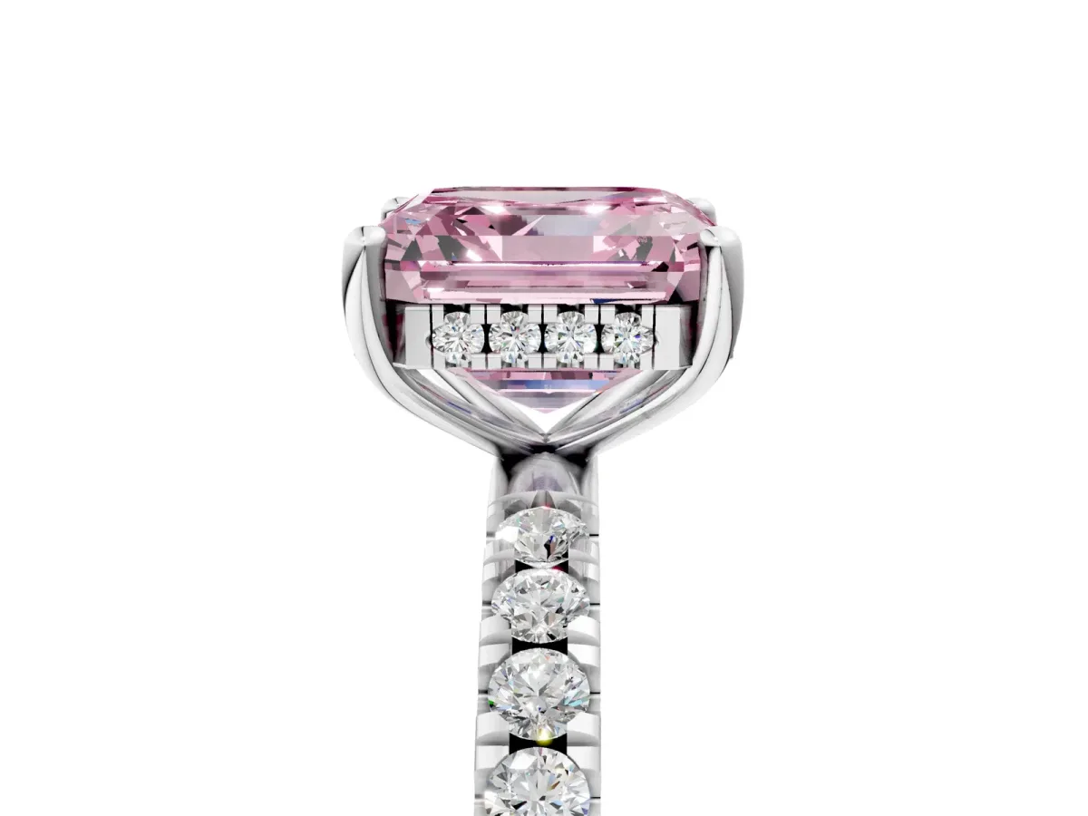 Fancy Pink Asscher Cut Diamond Pave Band Solitaire Ring with Round and Prong Setting Platinum