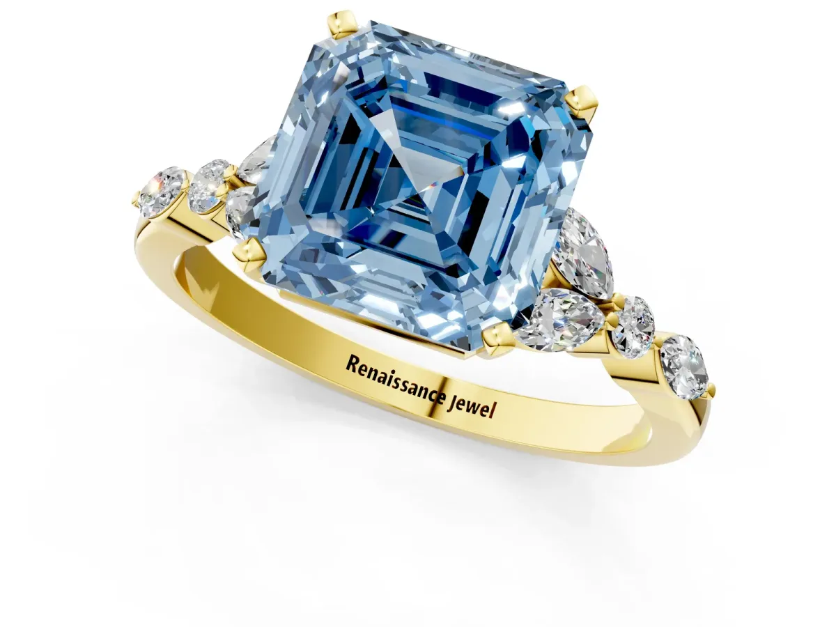 Fancy Blue Asscher Cut Diamond Solitaire Ring with Side Stones and Four-Prong Setting Yellow gold