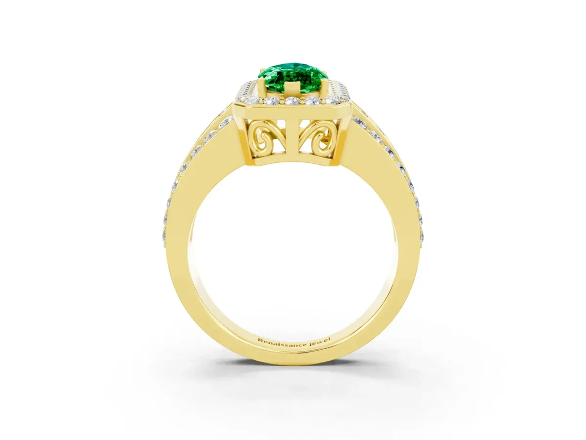 Marquise Cut Halo Emerald Ring with Round Split Shank and Prong Setting Yellow gold