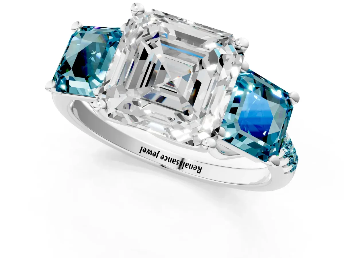 Three-Stone Asscher Cut Diamond Ring with Round Blue Topaz Pavé Band and Prong Setting Silver