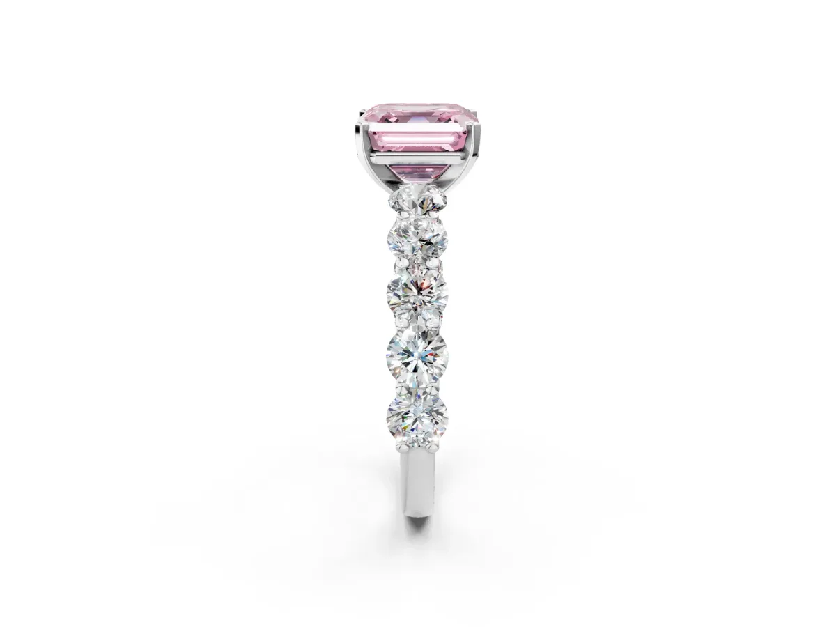 Fancy Pink Asscher Cut Diamond Prong Setting with Side Stones on a Pave Band Silver