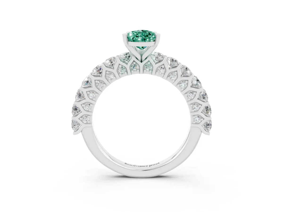Pear Cut Green Sapphire Solitaire Ring with Shared Prong Pavé Band and Four-Prong Setting Silver