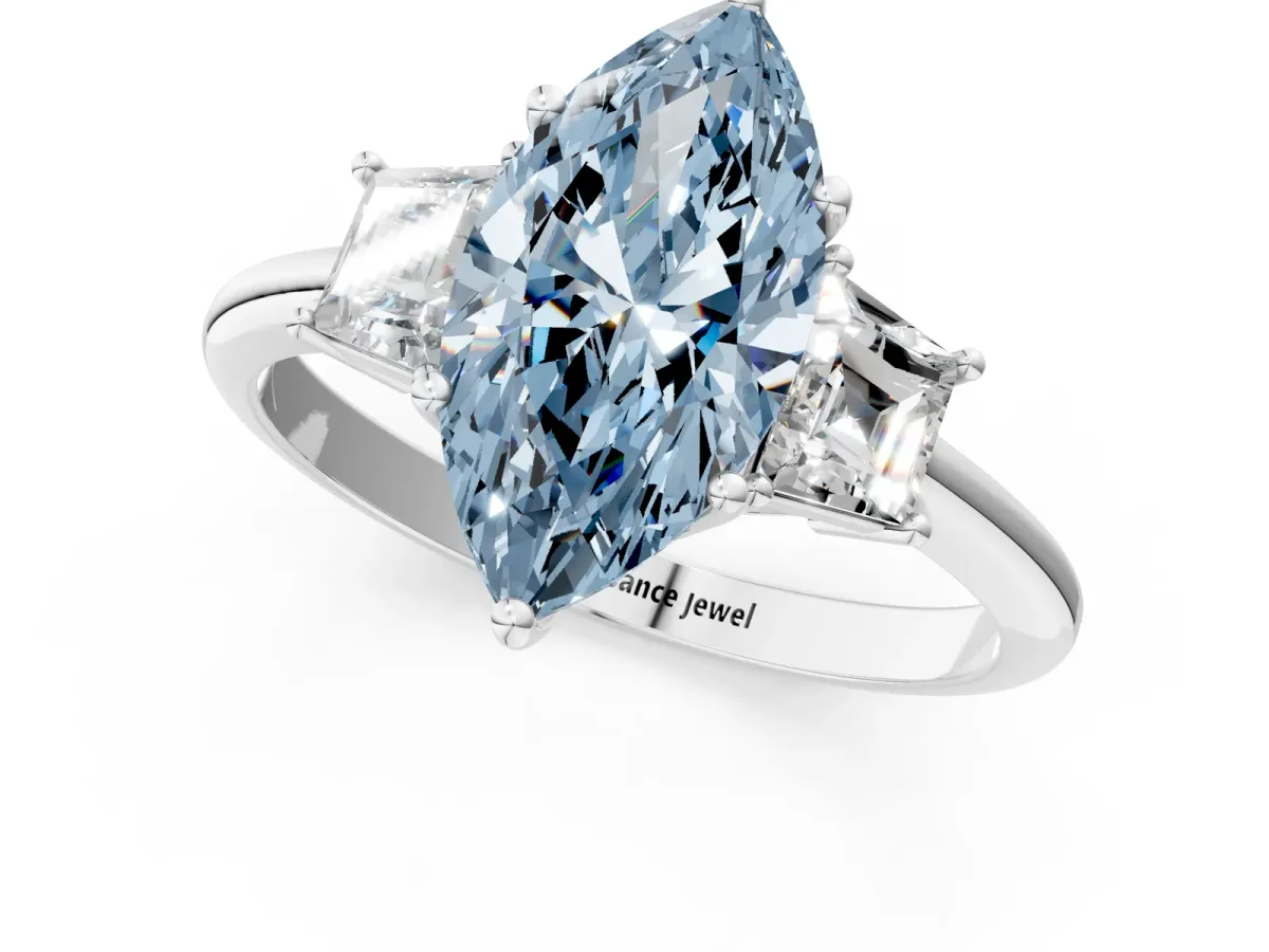 Fancy Blue Marquise Cut Diamond Three-Stone Ring with Trapezoid Side Stones and Prong Setting Silver