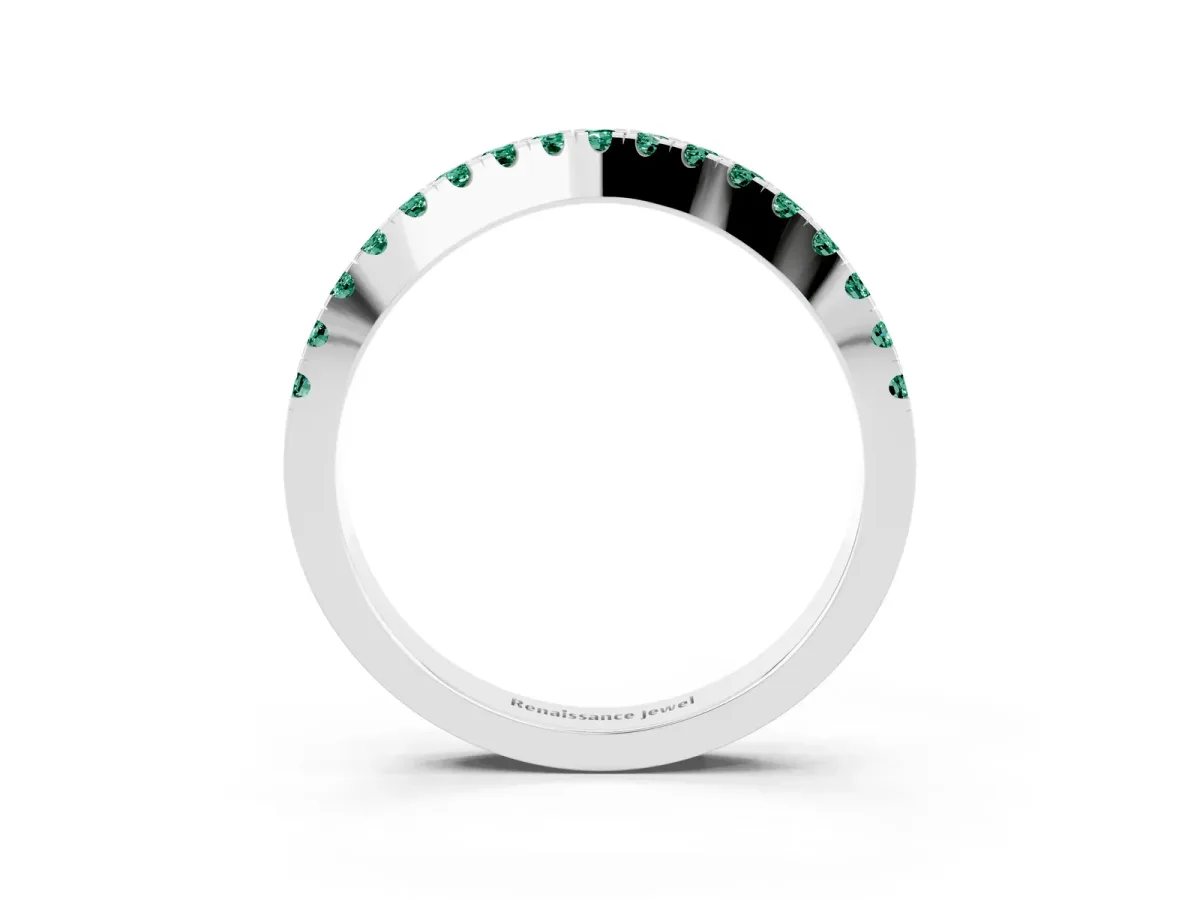 Round Green Sapphire Pavé Curved Band with Shared Prong Setting Silver