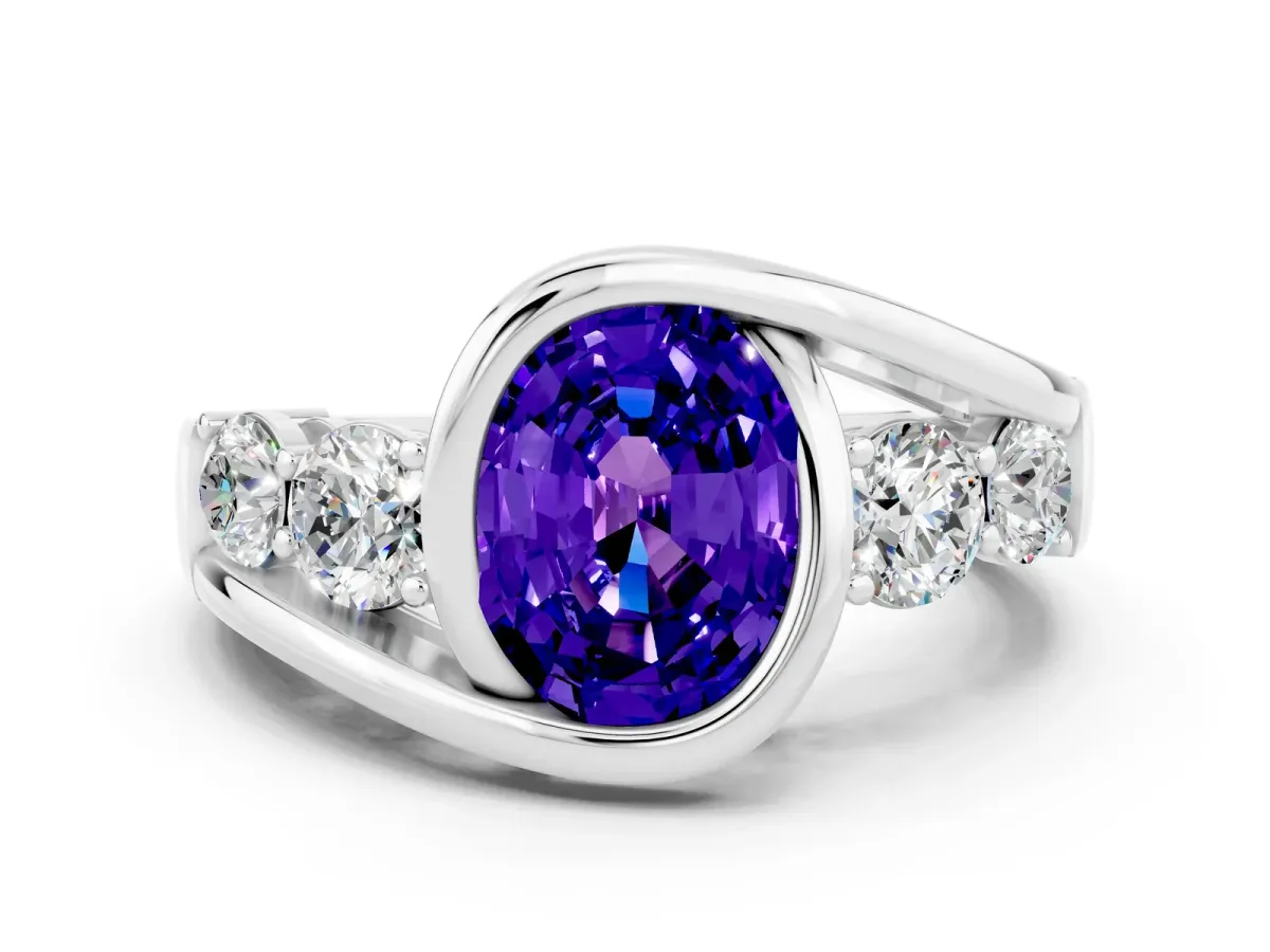 Bezel Set Oval Cut Tanzanite Bypass Ring with Round Accents Silver