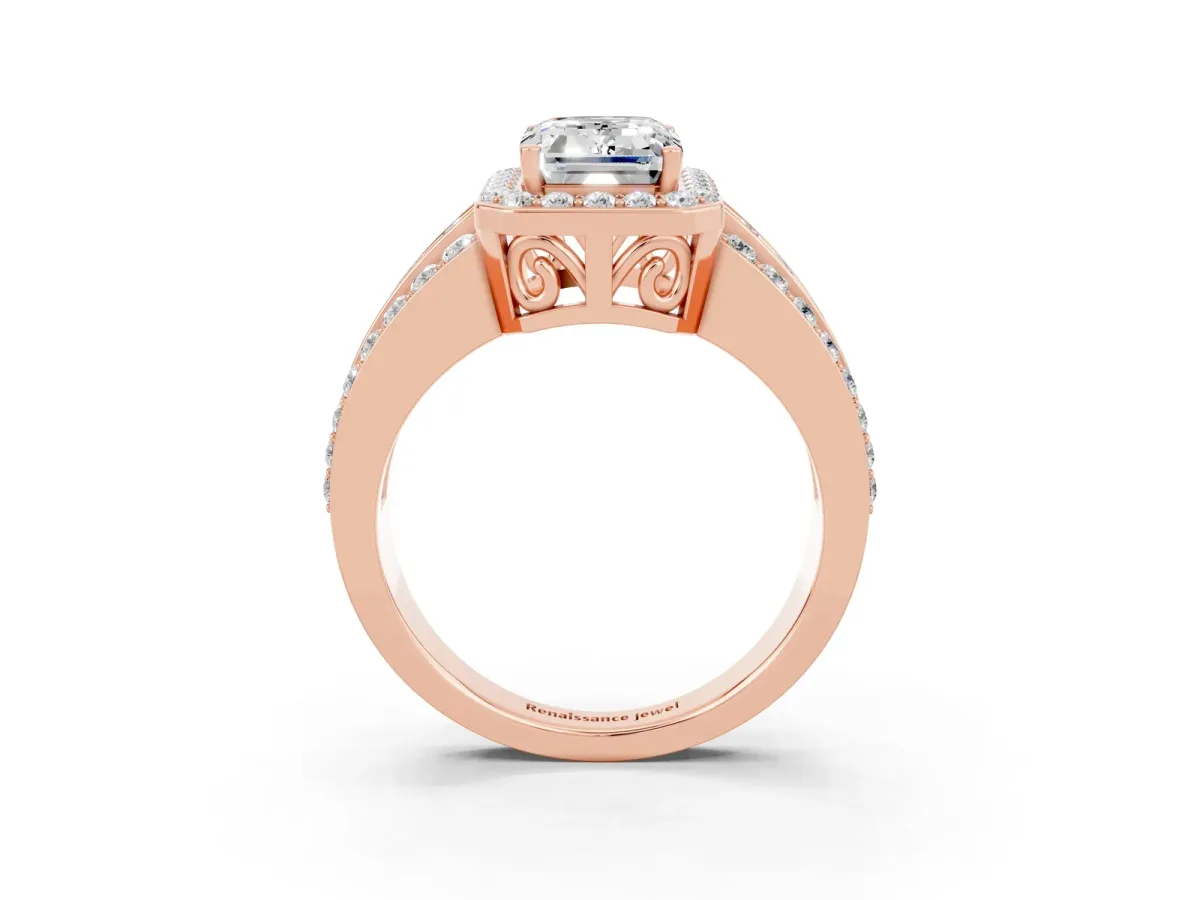 Emerald Cut Halo Moissanite Ring with Round Split Shank and Prong Setting Rose gold