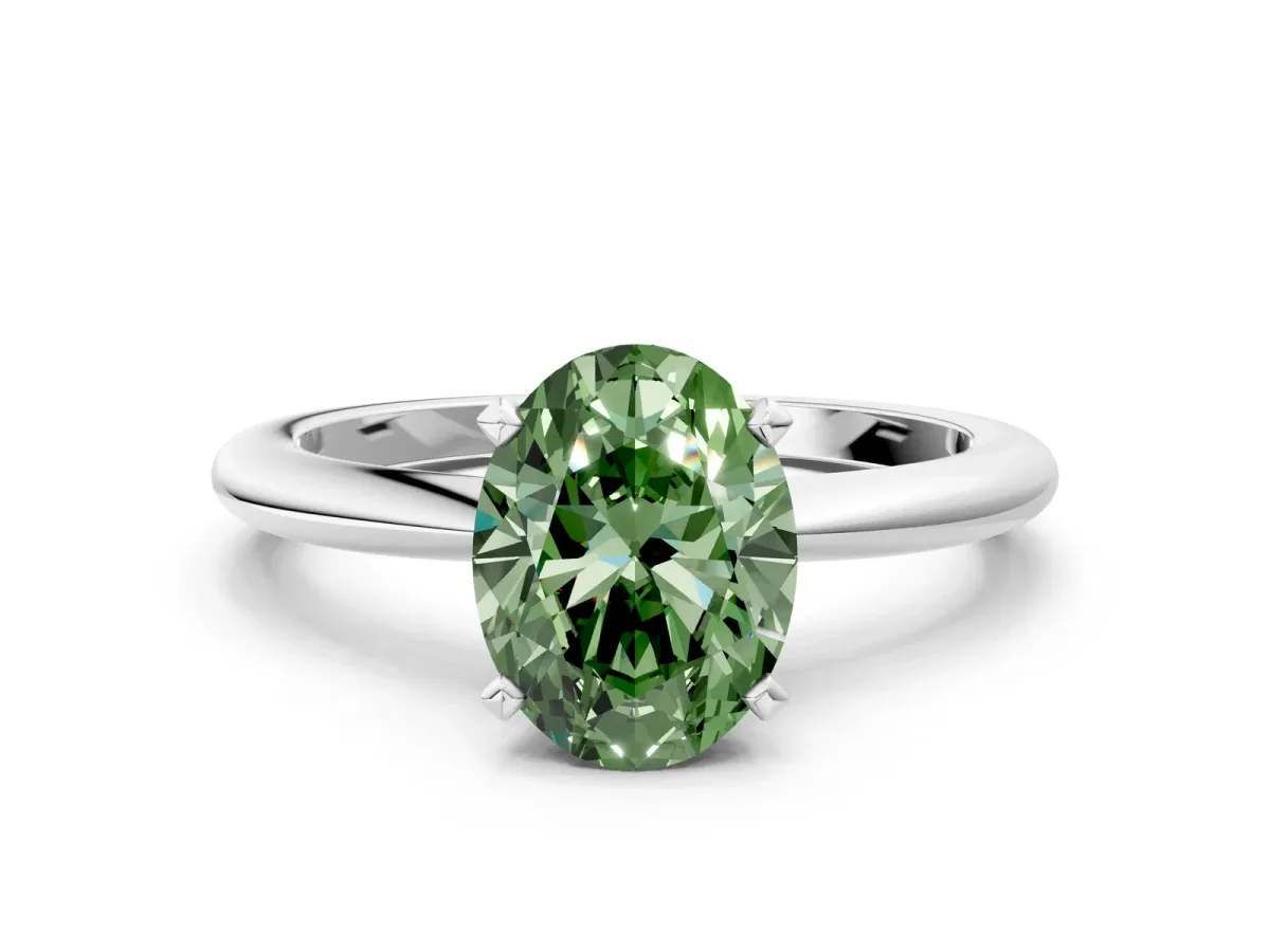 Fancy Green Oval Cut Diamond Solitaire Ring with Six-Prong Setting and Classic Band Silver