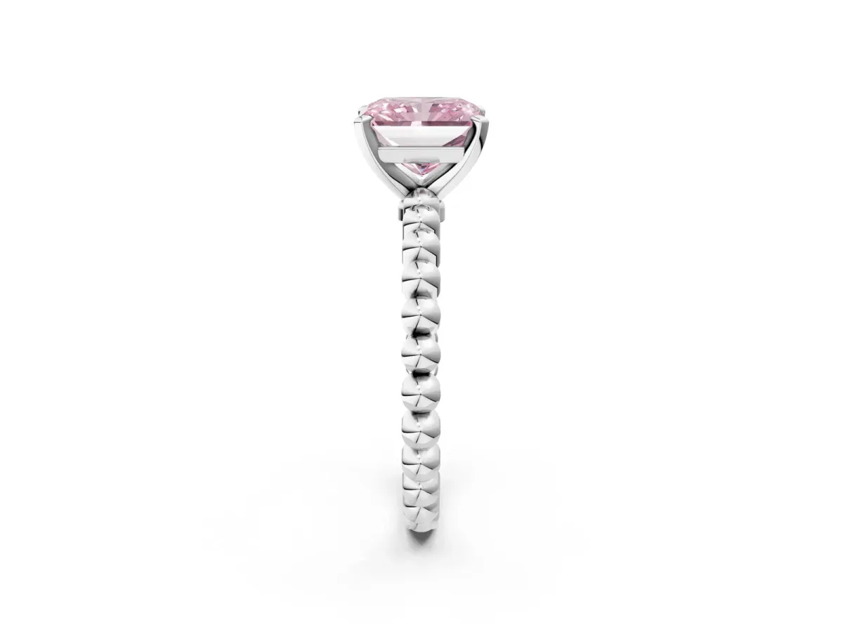 Fancy Pink Radiant Cut Diamond Solitaire Ring with Beaded Band and Prong Setting Silver