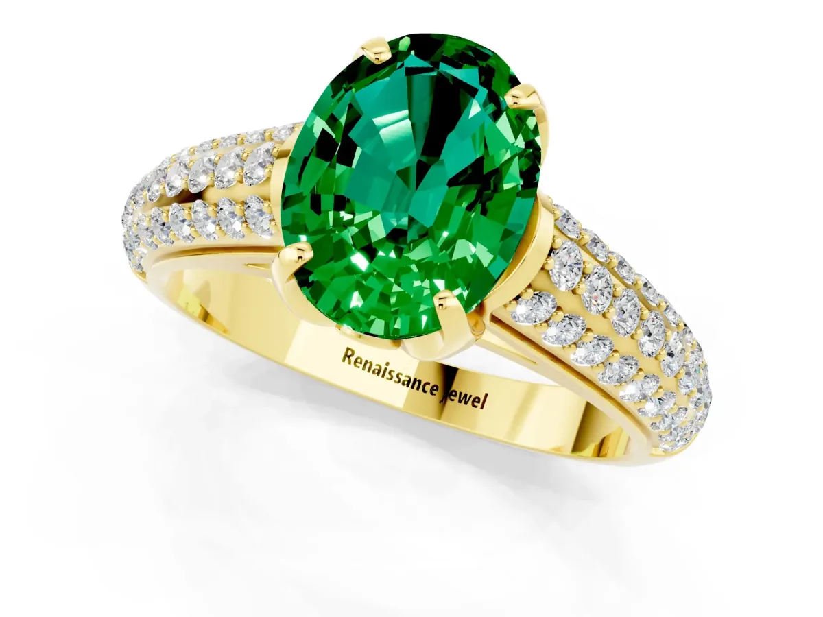 Oval Cut Emerald Solitaire Ring with Three-Row Pavé Band and Four-Prong Setting Yellow gold