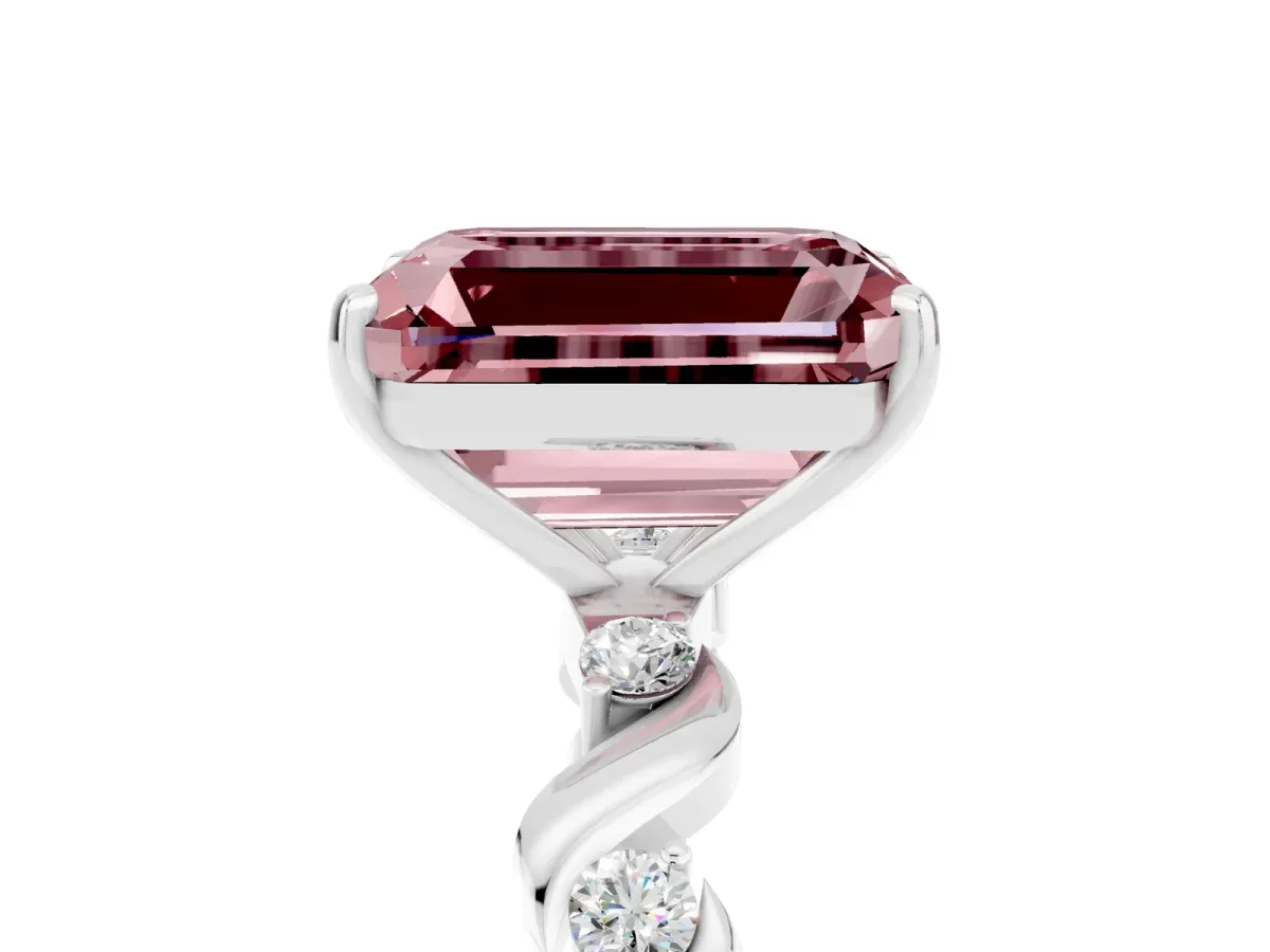 Emerald Cut Morganite Solitaire Twisted Band with Round Accents and Prong Setting Silver