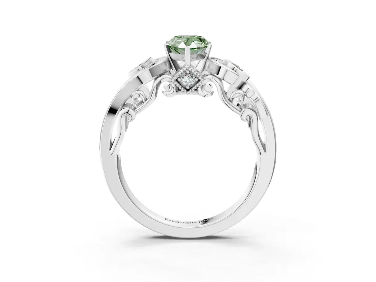 Fancy Green Pear Cut Diamond Solitaire Ring with Milgrain Pavé Band and Four-Prong Setting Silver