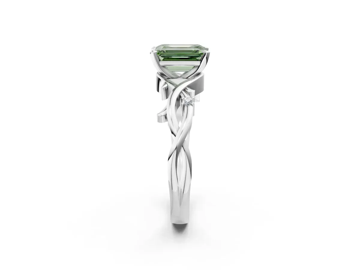 Fancy Green Emerald Cut Diamond Solitaire Ring with Twisted Band and Prong Setting Silver