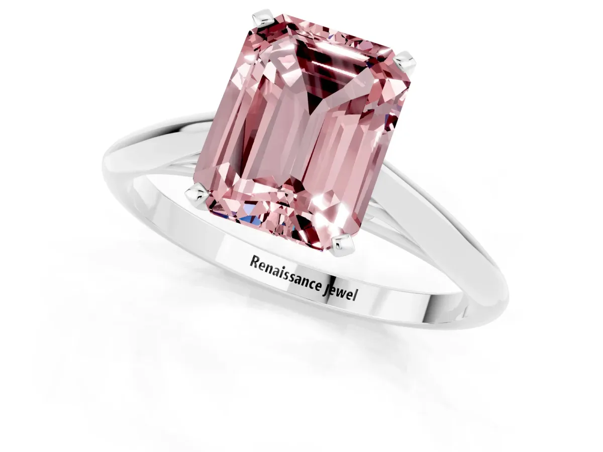 Emerald Cut Morganite Solitaire Engagement Ring with Cathedral Setting and Four-Prong Mount White gold