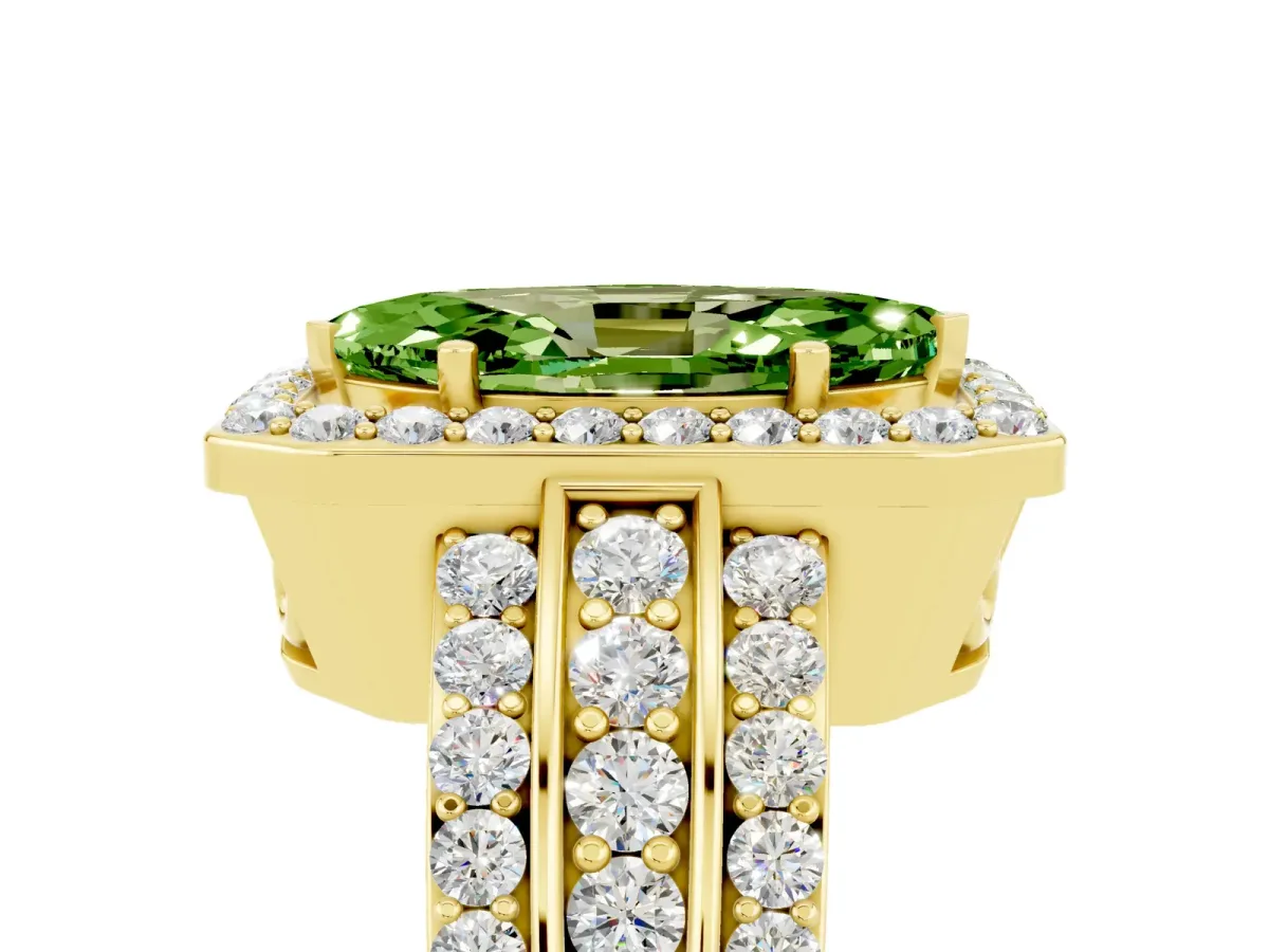 Marquise Cut Halo Peridot Ring with Round Split Shank and Prong Setting Yellow gold