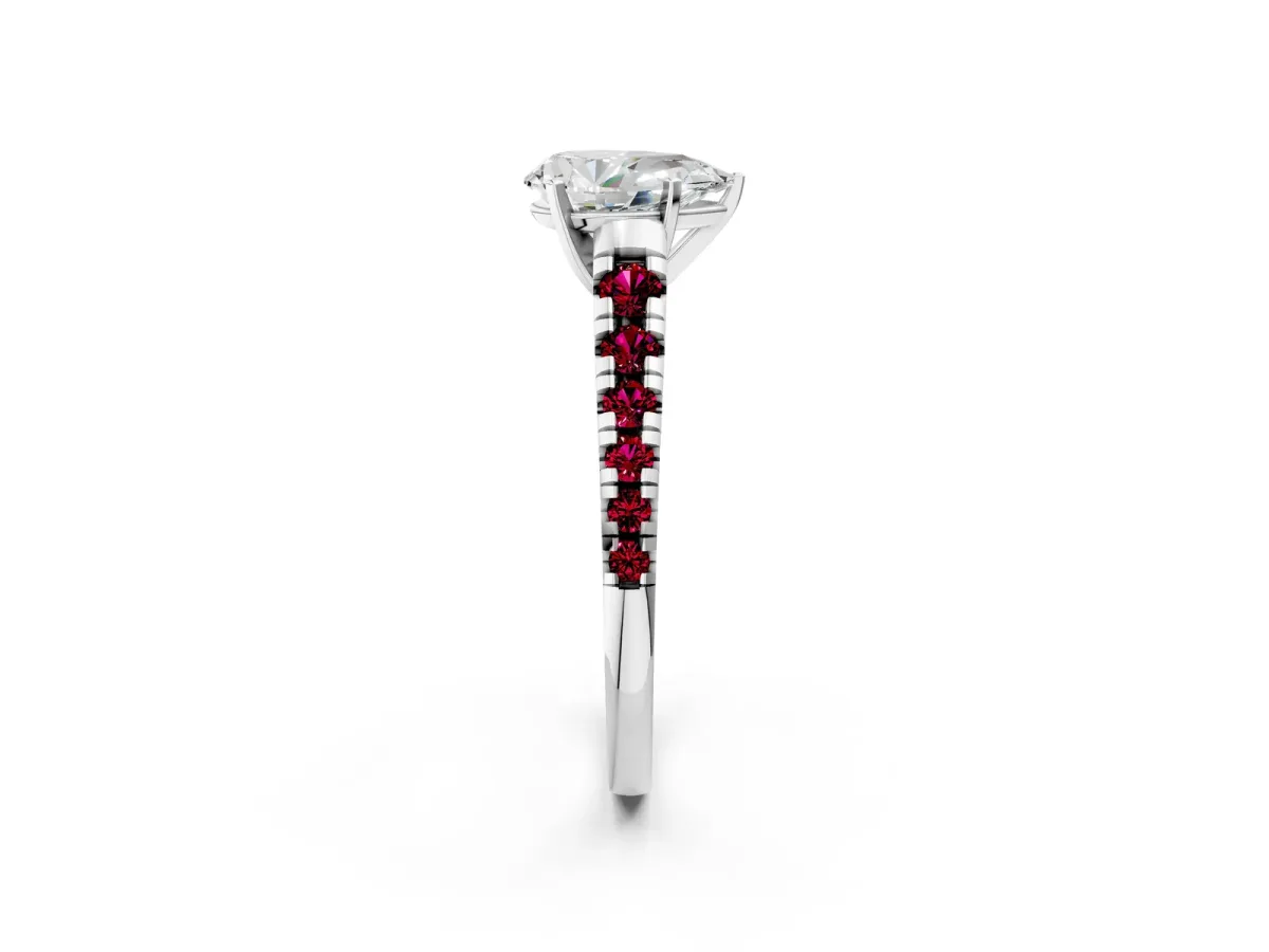 Pear Cut Diamond Cathedral Solitaire Ring with Round Garnet Pavé Band Silver