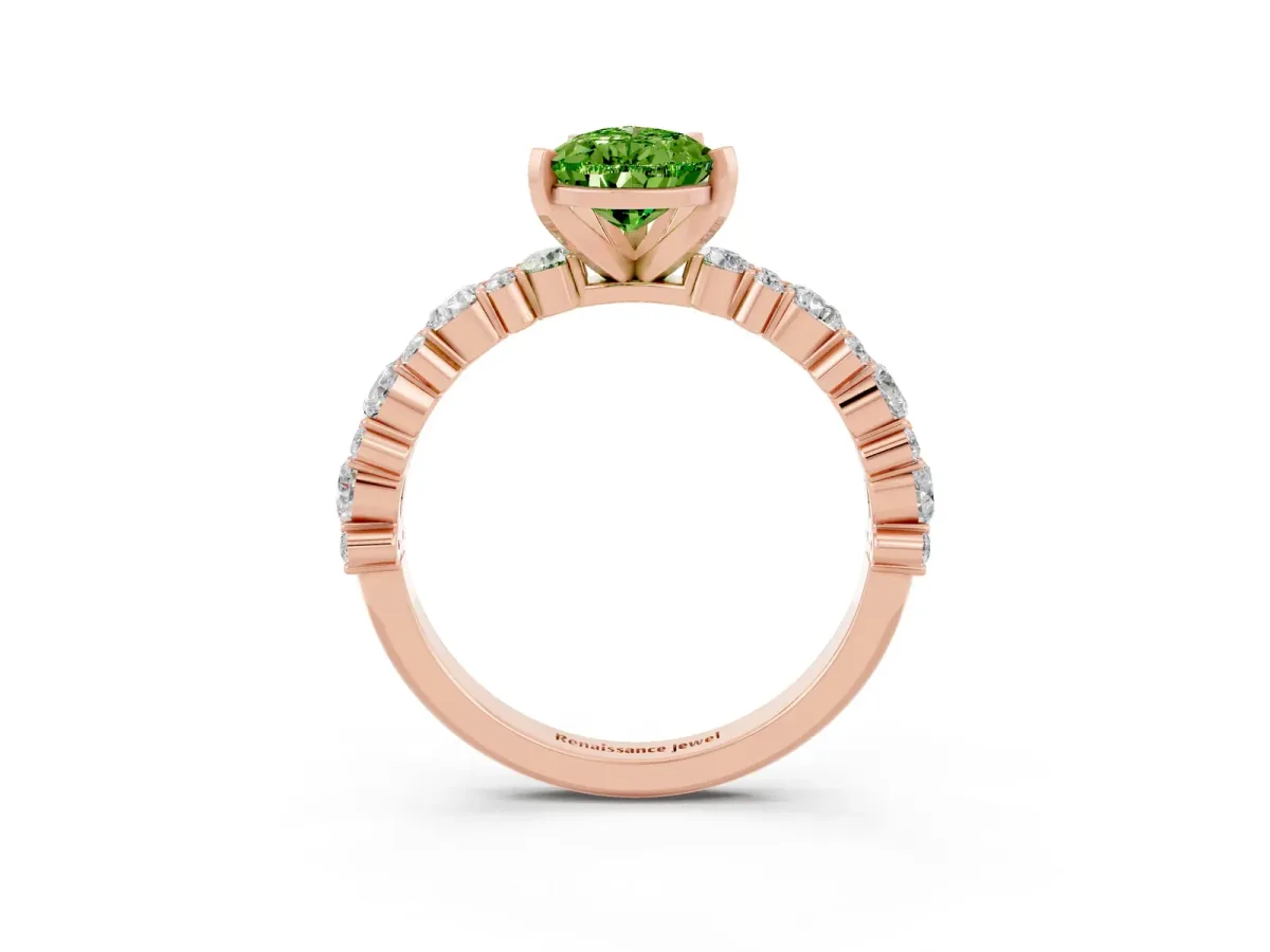 Pear Cut Peridot Side Stone Solitaire Ring with Round and Four-Prong Setting Rose gold