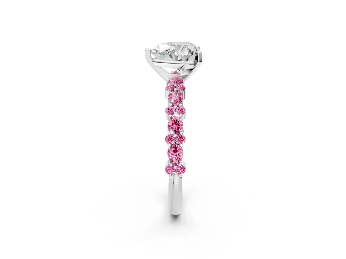 Heart Cut Diamond Side Stone Solitaire Ring with Round Pink Sapphire and Four-Prong Setting Silver