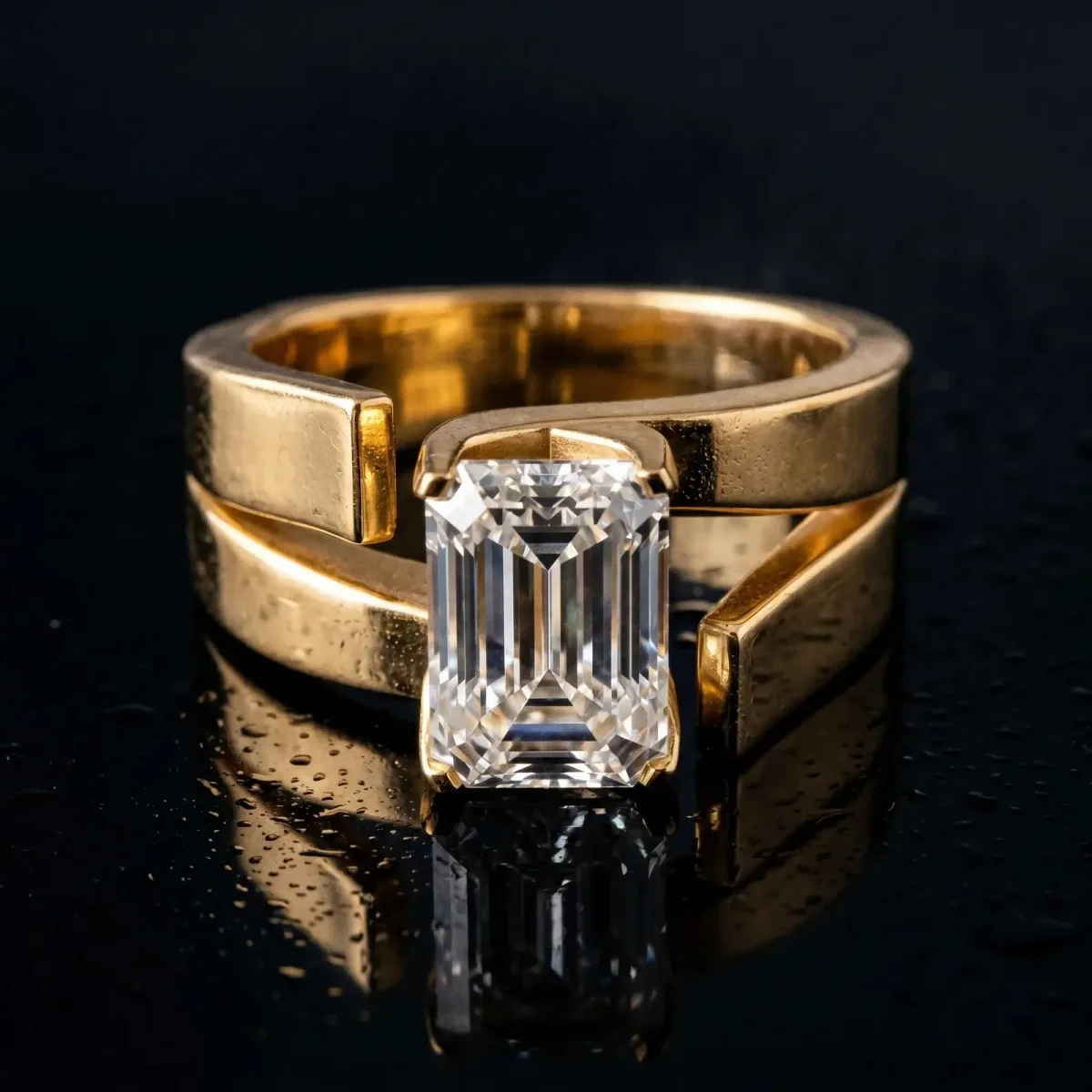 Modern Tension Set Emerald Cut Diamond Solitaire Wide Band Ring Yellow gold
