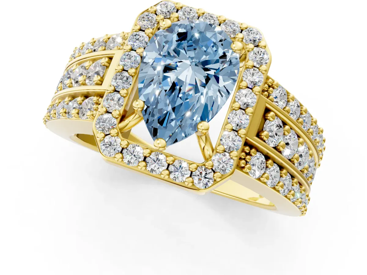 Fancy Blue Pear Cut Halo Diamond Ring with Round Split Shank and Prong Setting Yellow gold