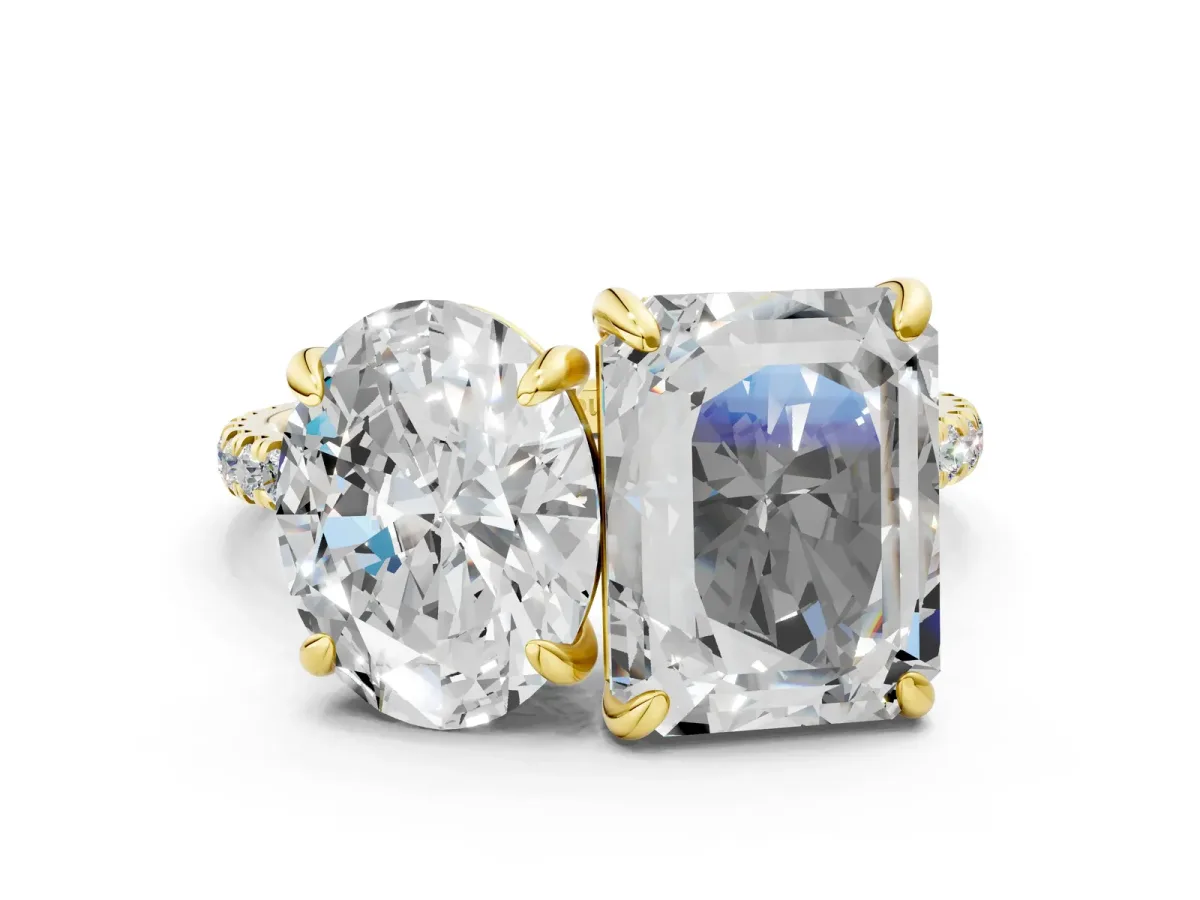 Oval and Emerald Toi Moi Ring with Prong Setting and Micro Pave Band Yellow gold