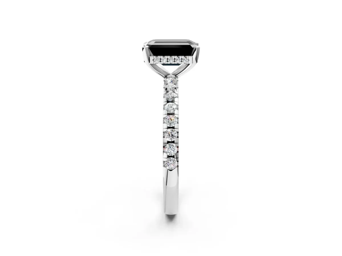 Fancy Black Emerald Cut Diamond Solitaire Ring with Round Pavé Band and Four-Prong Setting Silver