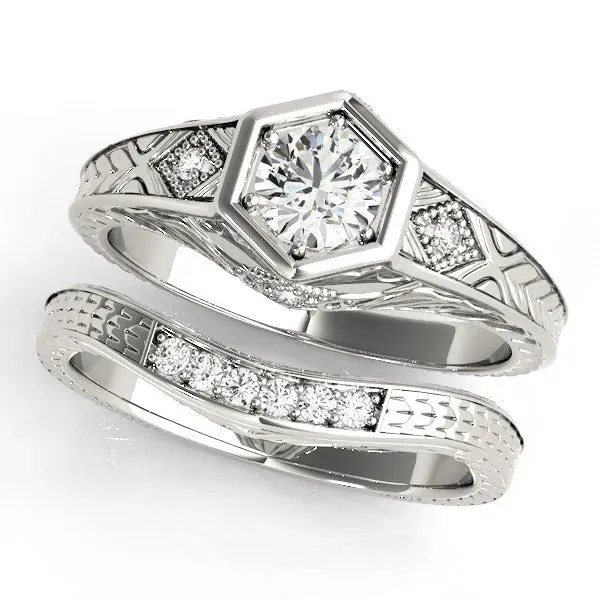 Hexagonal Bezel Marquise Cut Diamond Engraved Band Prong Ring Platinum