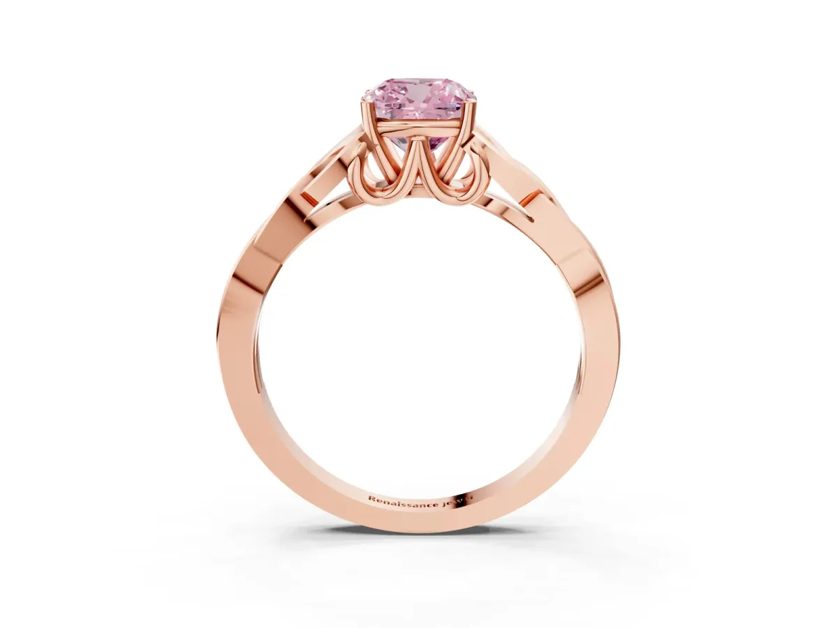 Fancy Pink Cushion Cut Diamond Solitaire Celtic Knot Ring with Four-Prong Setting Rose gold