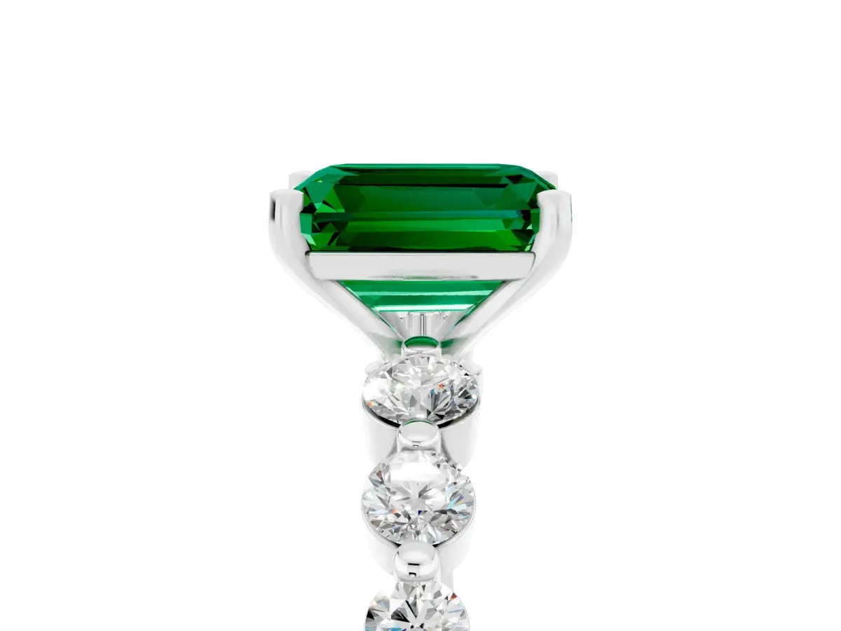 Emerald Cut Solitaire Emerald Ring with Pave Band and Four-Prong Setting Silver