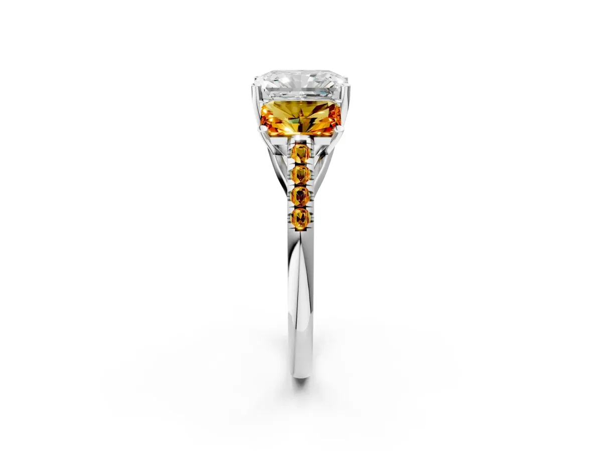 Three-Stone Radiant Cut Diamond Ring with Round Citrine Pavé Band and Prong Setting Silver