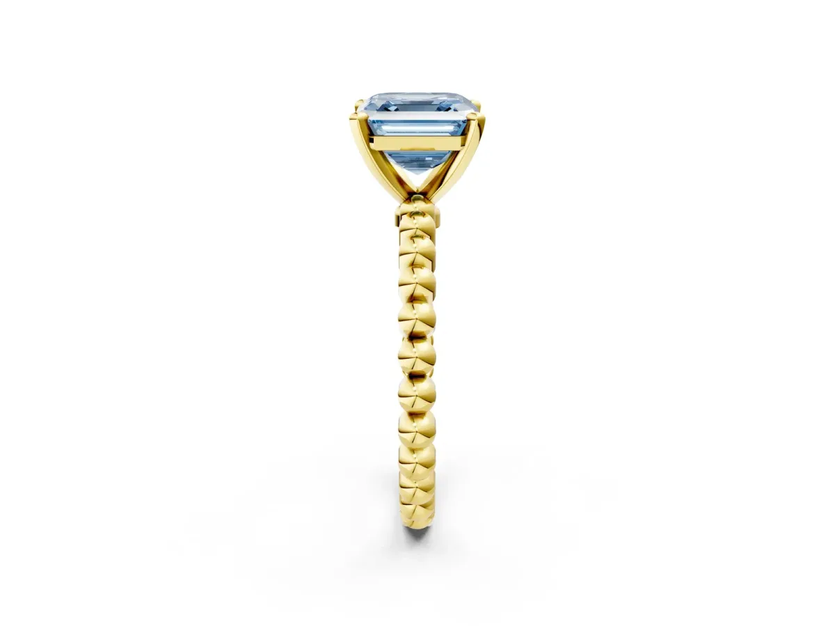 Fancy Blue Asscher Cut Diamond Solitaire Ring with Beaded Band and Prong Setting Yellow gold
