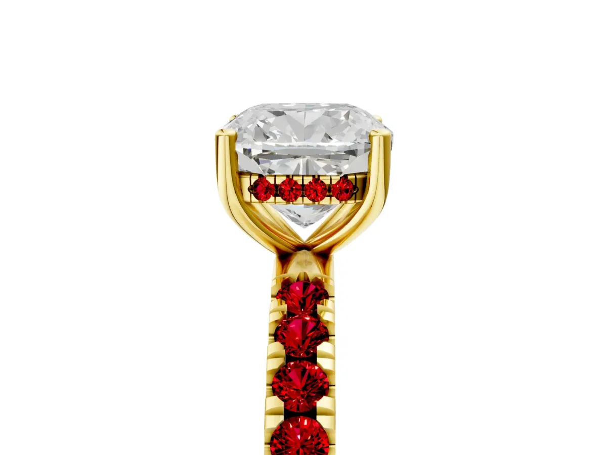 Cushion Cut Diamond Pave Band Solitaire Ring with Round Ruby and Prong Setting Yellow gold