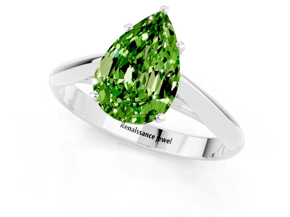 Pear Cut Peridot Solitaire Engagement Ring with Cathedral Setting and Four-Prong Mount White gold