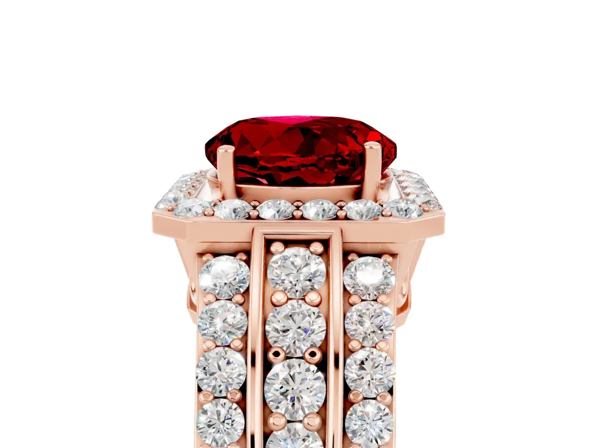 Round Cut Halo Ruby Ring with Round Split Shank and Prong Setting Rose gold