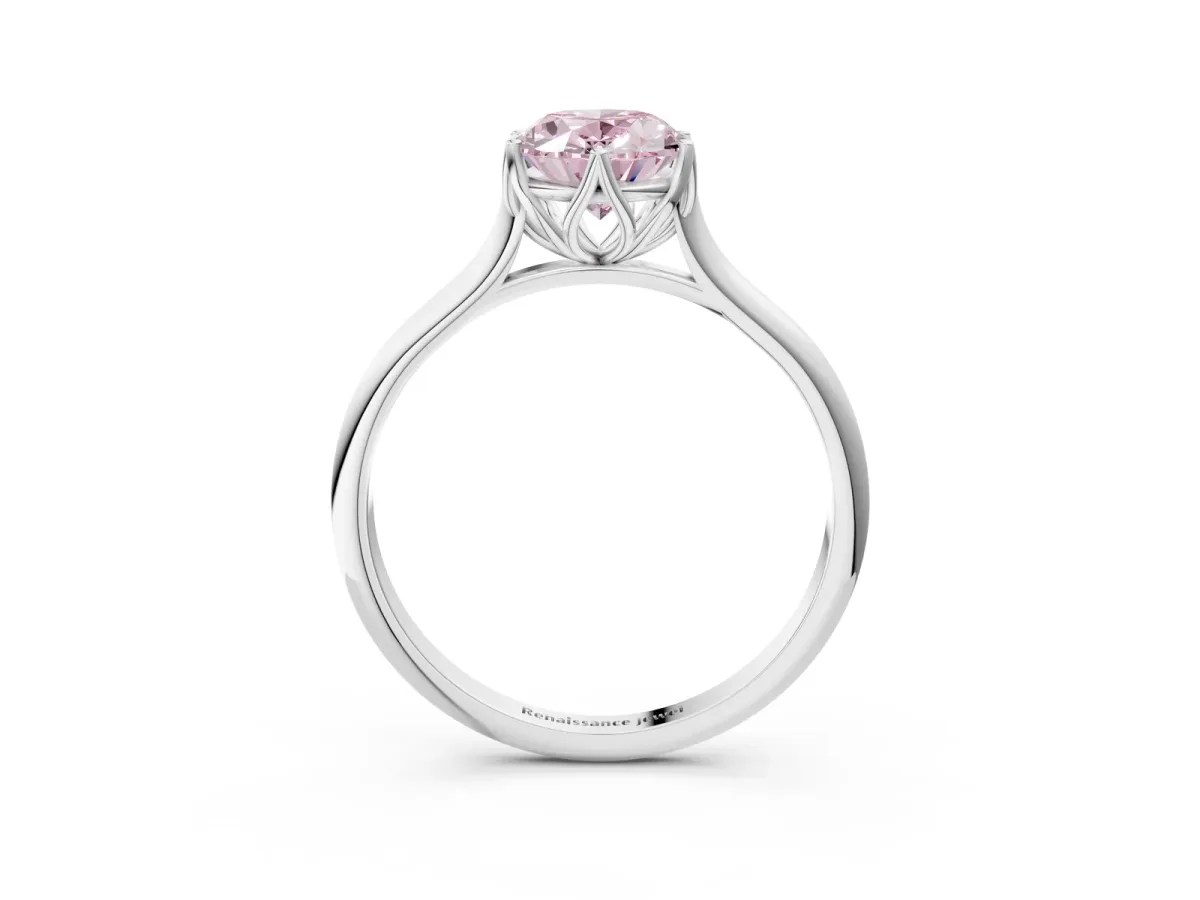 Fancy Pink Oval Cut Solitaire Cathedral Diamond Ring with Six-Prong Setting Silver
