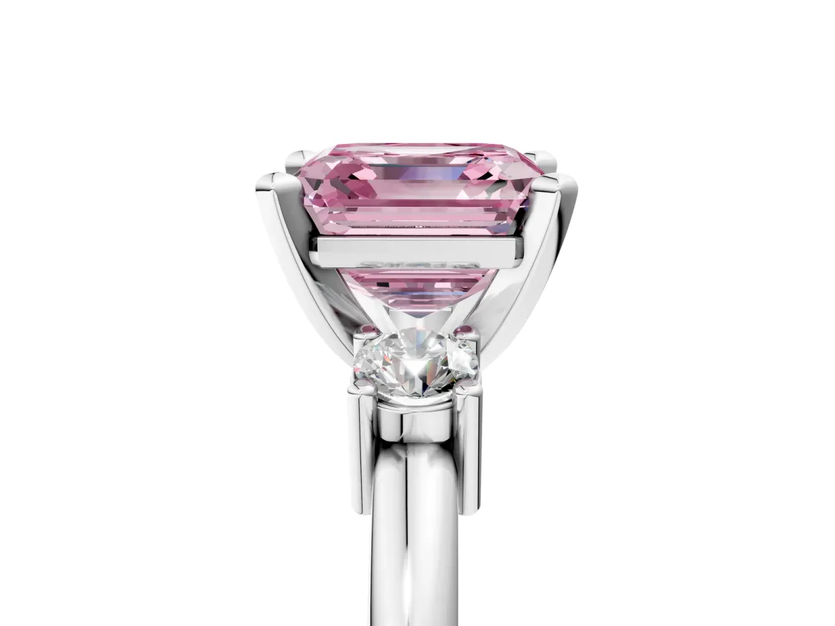 Fancy Pink Three-Stone Asscher Cut Cut Diamond Solitaire with Prong Setting and Classic Band Platinum