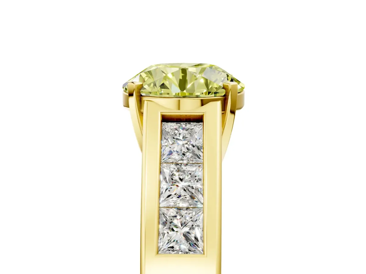 Fancy Yellow Round Cut Cut Channel Set Solitaire Ring with Four-Prong Setting Yellow gold