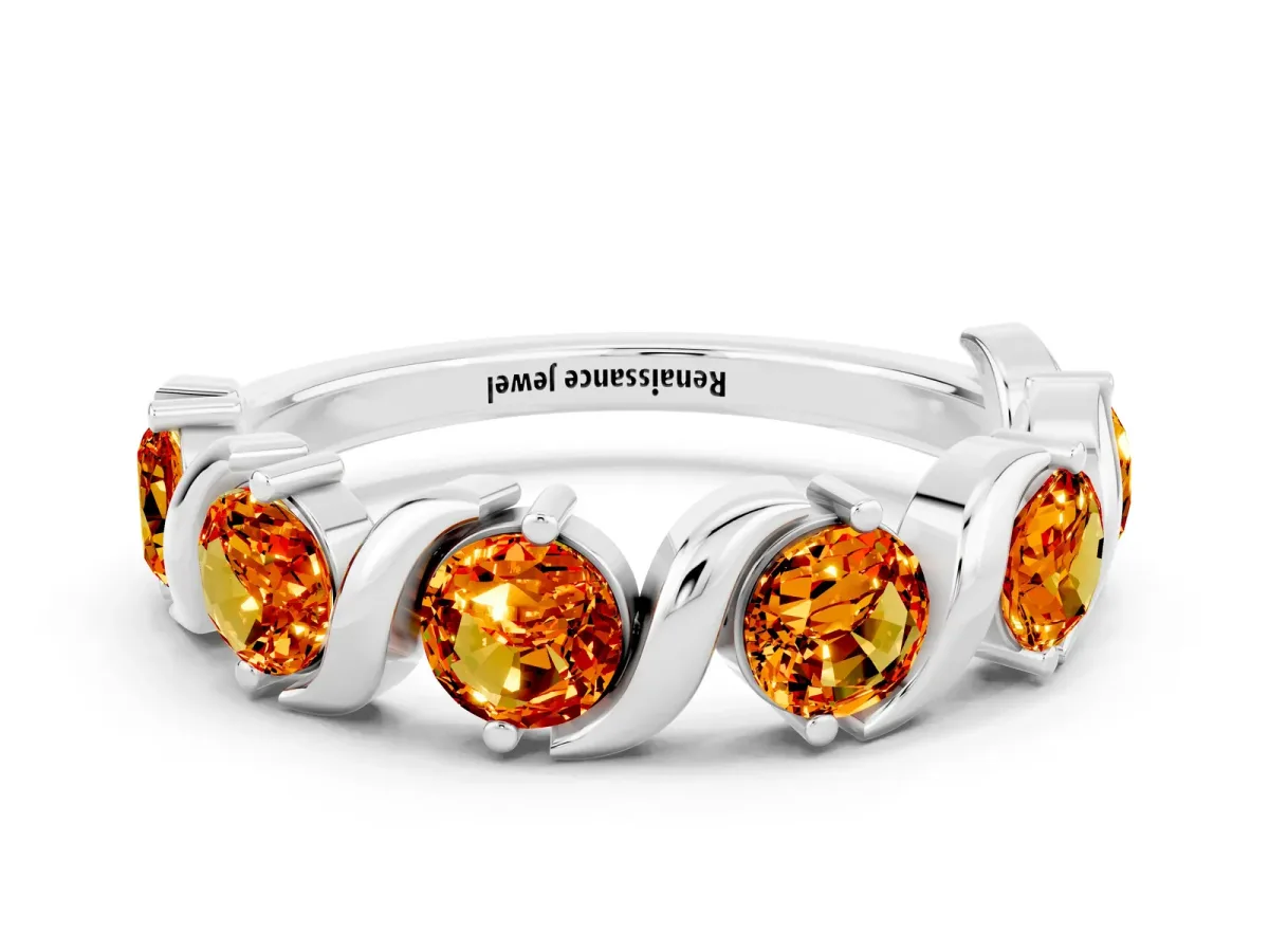Six-Stone Round Citrine Wave Band with Shared Prong Setting White gold