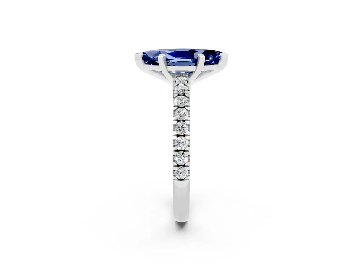 Marquise Cut Solitaire Blue Sapphire with Pavé Band and Four-Prong Setting Silver