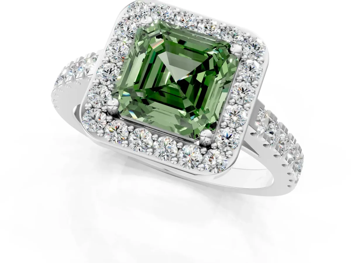 Fancy Green Asscher Cut Diamond Halo Ring with Round Pavé Split Shank and Prong Setting Platinum