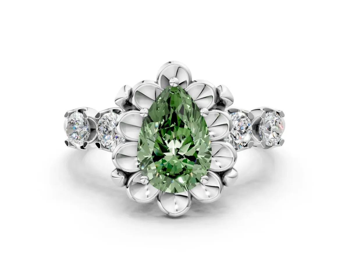 Fancy Green Pear Cut Cut Diamond Floral Halo Engagement Ring with Shared Prong Setting Silver