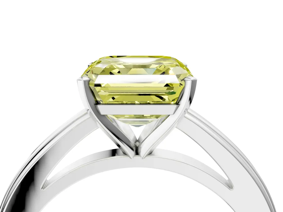 Fancy Yellow Asscher Cut Solitaire Diamond Ring with Four-Prong Setting and Classic Band Platinum