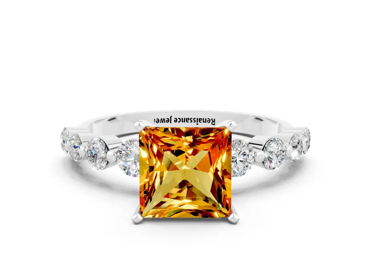 Princess Cut Solitaire Citrine Ring with Pave Band and Four-Prong Setting Silver