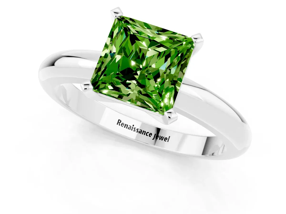Princess Cut Peridot Solitaire Engagement Ring with Round Band and Four-Prong Setting Silver
