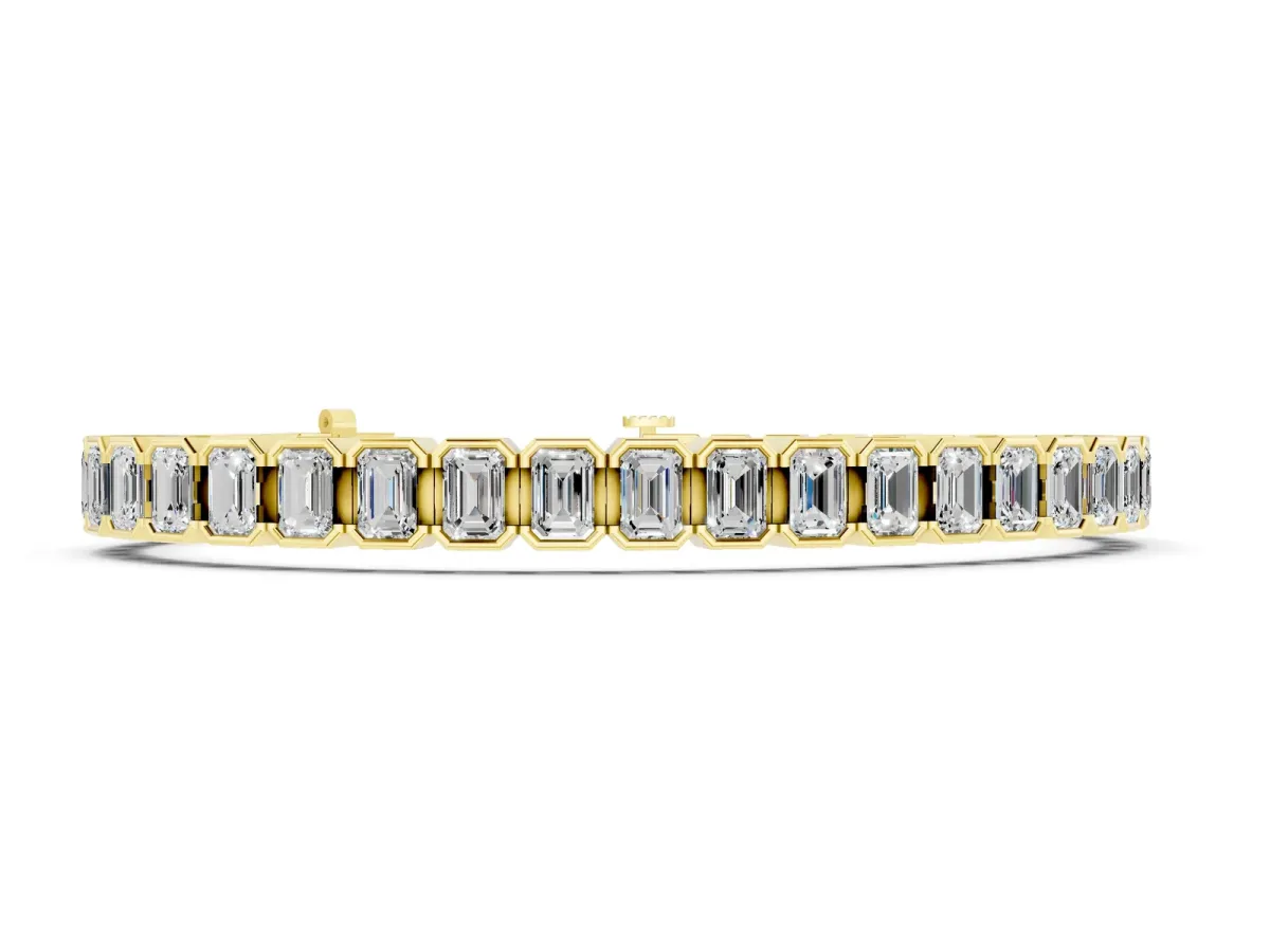 Emerald Cut Diamond Tennis Bracelet with Half Bezel Setting Yellow gold